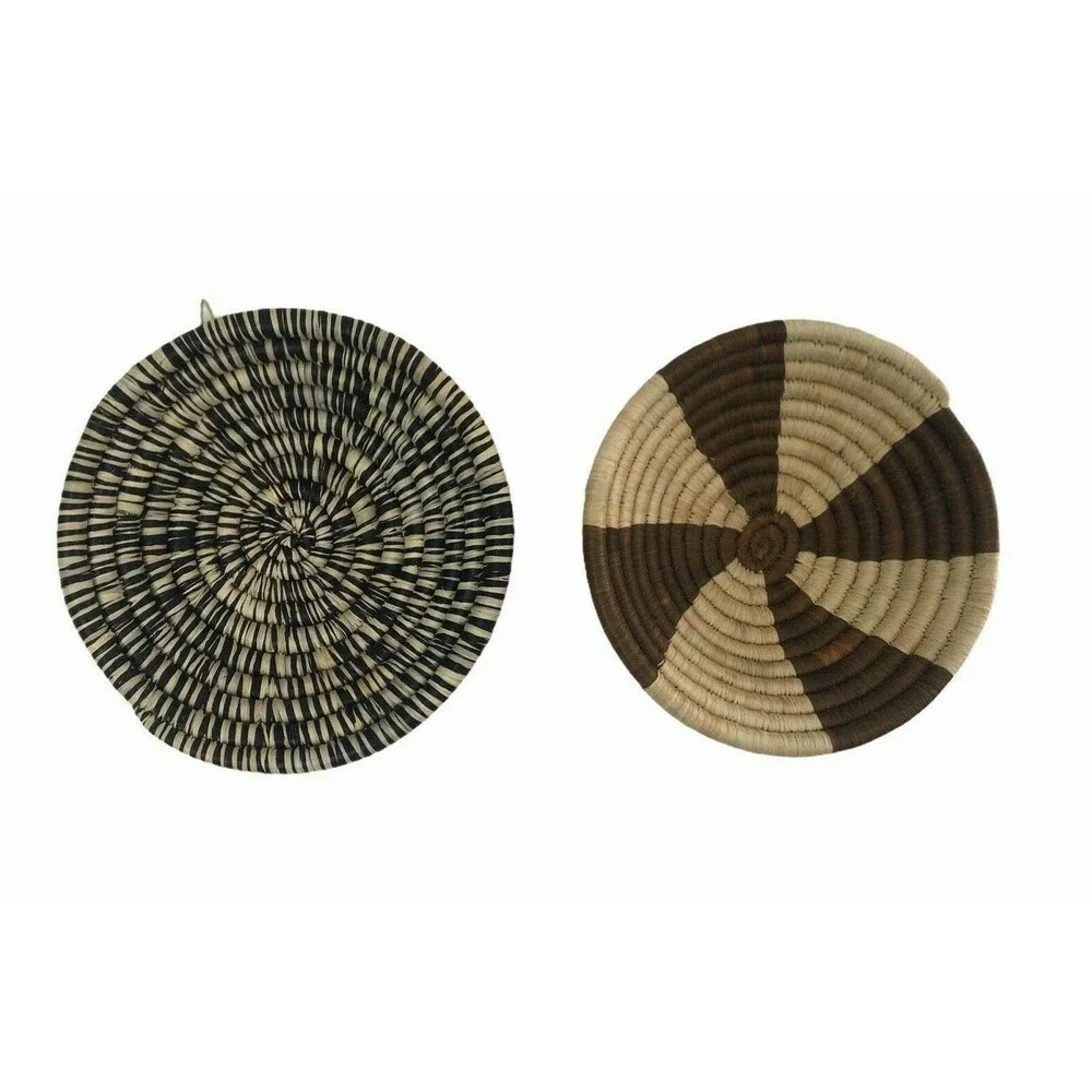 Pair African Hand Woven Coiled Baskets Bowls Stripes Hand Made NEW